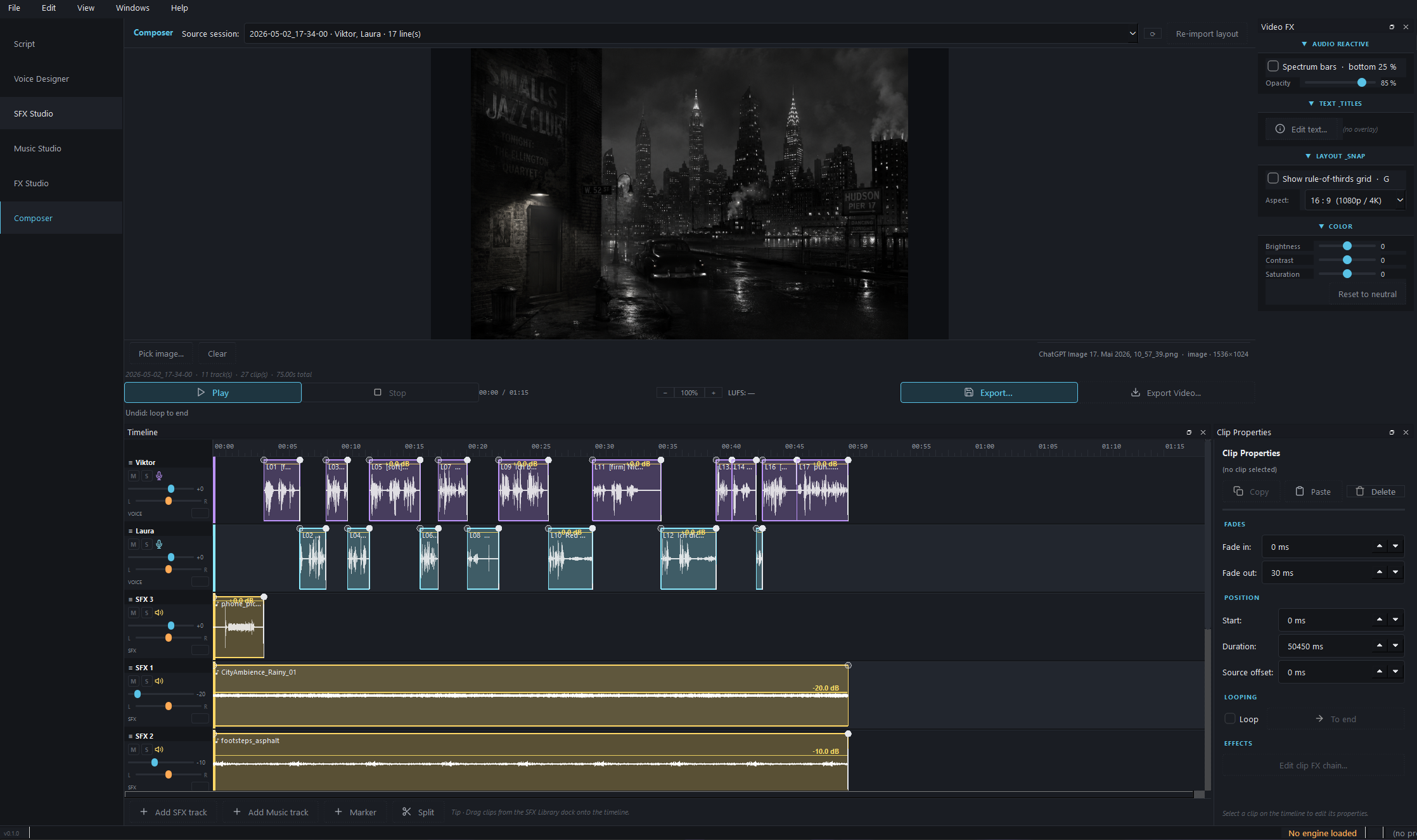 Composer view — NY skyline cover, multi-track timeline with voice / SFX / music lanes, video FX panel for audio-reactive overlays