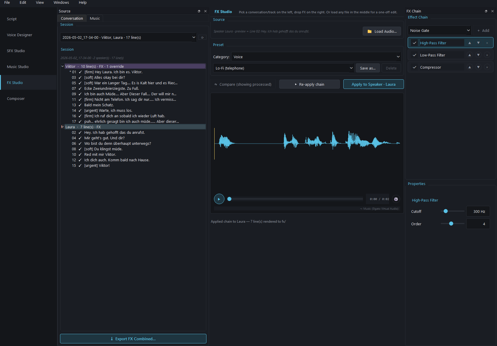 FX Studio voice — session selector, per-speaker line tree, effect chain panel with High-Pass / Low-Pass / Compressor, properties for cutoff and order