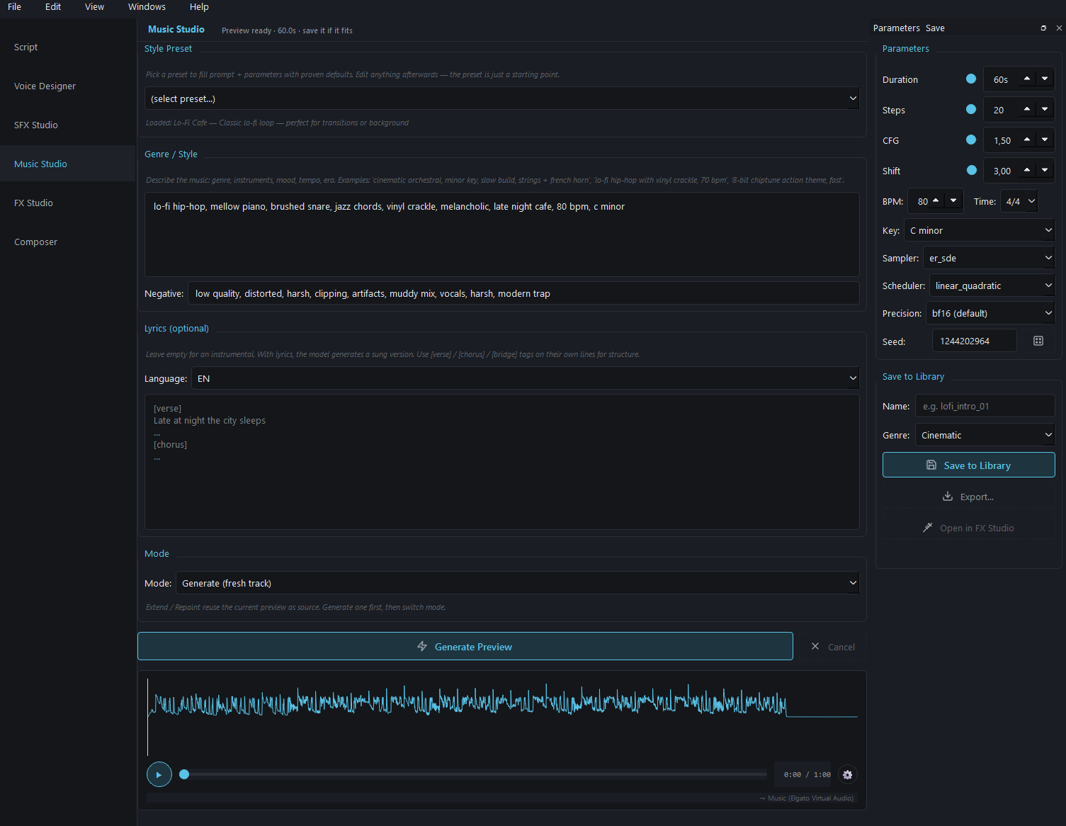 Music Studio — style preset, genre prompt, negative prompt, lyrics, mode selector, parameters panel, waveform preview