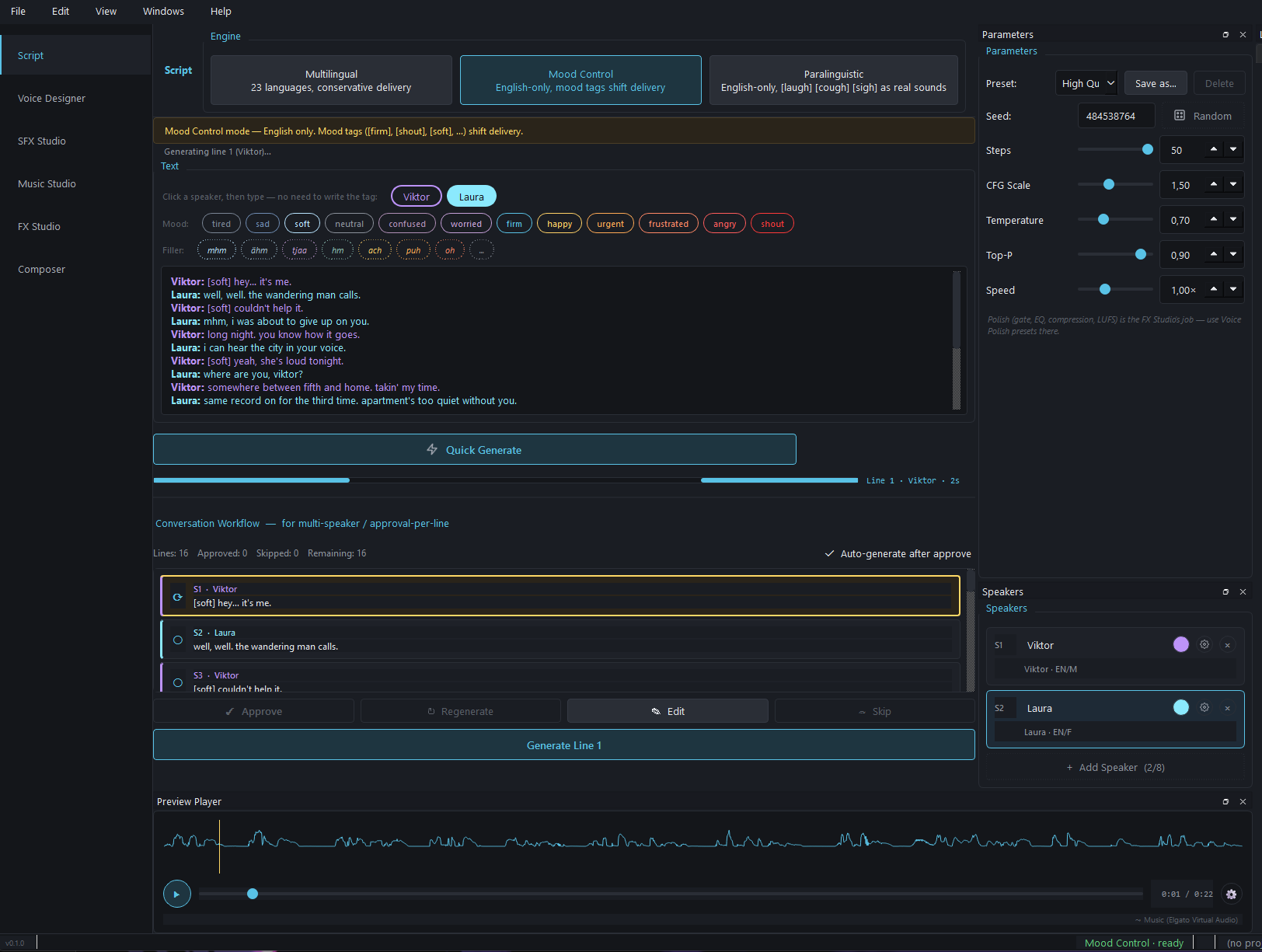 Script tab — engine selector, mood pill bar, multi-line skript, per-line approval queue, speakers panel