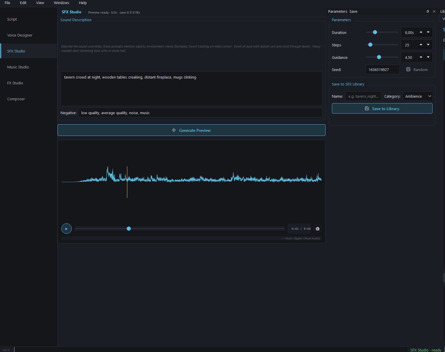 SFX Studio — prompt input, negative prompt, duration/steps/guidance/seed parameters, waveform preview, save to library