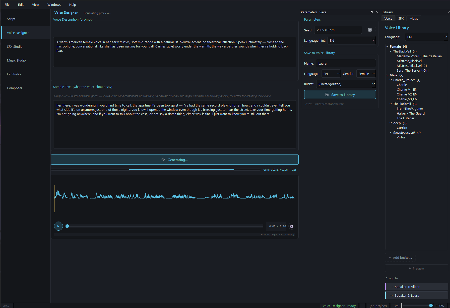 Voice Designer view — prose description, sample text, generation progress, library tree, speaker assignment